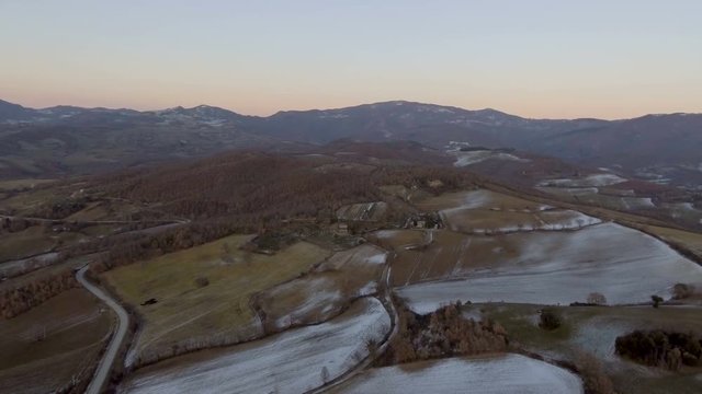 Winter aerial countryside view with snow