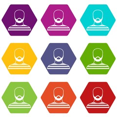 Bearded man in prison garb icon set color hexahedron