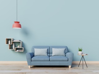 Modern living room interior with sofa and green plants,lamp,table on white wall background. 3d rendering.