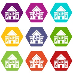 House with broken windows icon set color hexahedron