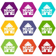 House with broken windows icon set color hexahedron