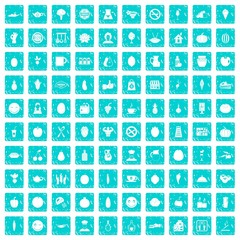 100 vegetarian cafe icons set grunge blue