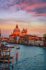 Cityscape view on Santa Maria della Salute basilica in sunset in Venice, Italy