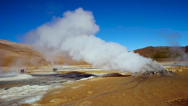Panoramic view of geothermal active zone Hverir on Iceland, near Myvatn lake, summer time
