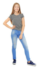 Obraz premium Teenage girl in casual clothes on white background