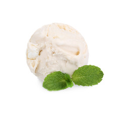 Scoop of caramel ice cream with mint, isolated on white