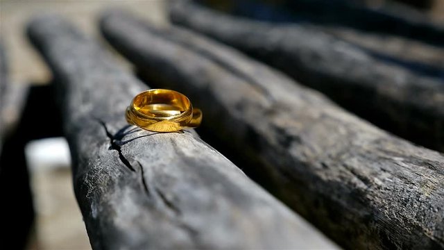 Wedding rings on old wooden bench