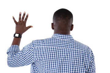 Man gesturing against white background