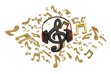 Music notes splash from headphone with music symbol on white background.3D illustration.
