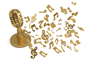 Music notes splash from microphone on white background.3D illustration.