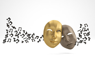Theatrical mask and music notes 3d illustration.