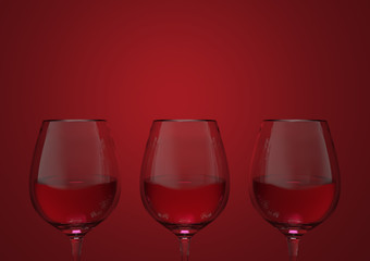 3d rendering. Luxury red wine glasses row with dark red copy space background