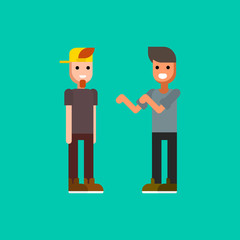 Two young men dressed in modern clothing talking to each other. Rap or hip hop battle. Pair of male cartoon characters isolated on green background. Colorful vector illustration in flat style.