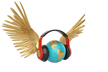 Globe with headphone and golden wings creative concept 3d illustration.