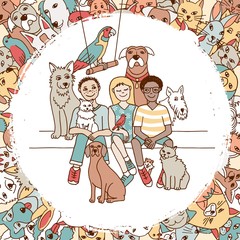 Drawing of three cute children with their pets