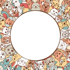 A variety of hand drawn pets in a circle around empty space for text