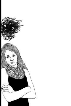 Sad woman leaning against a wall, black and white illustration with space for text