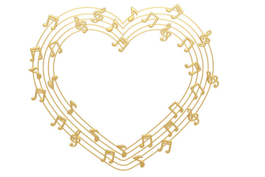 Heart made with gold musical notes.3D illustration.