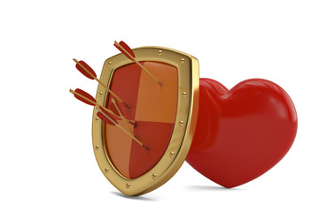 Arrow on the shield and red heart on white background.3D illustration.