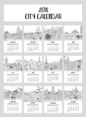Calendar for 2018 with a collection of big cities, hand drawn ink illustrations