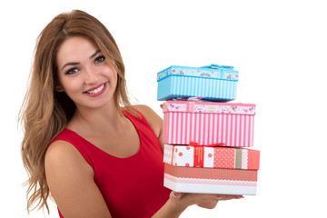 Portrait of casual young happy smiling woman hold red gift box. Isolated studio background female model.