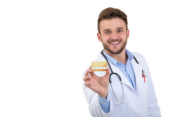 Pay secure using credit card for medical services. Doctor holding creditcard