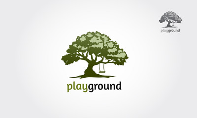 Obraz premium Playground Logo Template. tree with a child play the swing under the tree, this logo symbolize a protection, peace,tranquility, growth, and care or concern to development, vector logo illustration