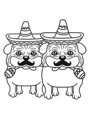 2 freunde team paar brüder mustache schnurrbart sombrero mexikaner rassel musik hut mütze südamerika party feiern mops klein dick hund welpe süß niedlich haustier comic cartoon
