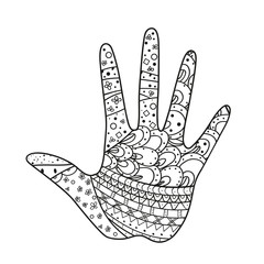 Hand. Hand drawn element with abstract patterns on isolation background. Design for spiritual relaxation for adults. Line art creation. Black and white illustration for coloring. Print for t-shirts