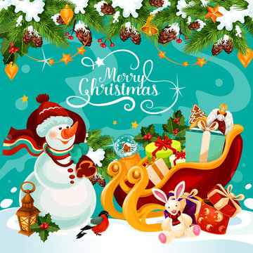 Christmas snowman gift vector greeting card