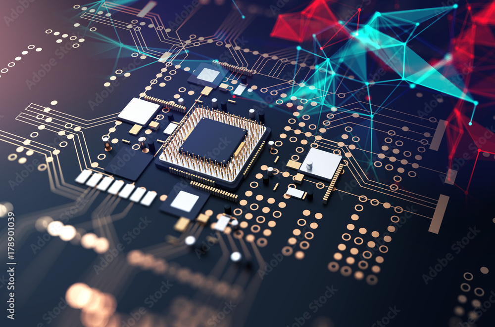Poster 3d rendering of futuristic blue circuit board