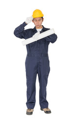 Worker holding blueprint on white