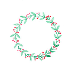Christmas wreath watercolor drawing on white paper background, Christmas greeting card background