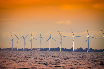 Wind turbines farm in Baltic Sea, Denmark