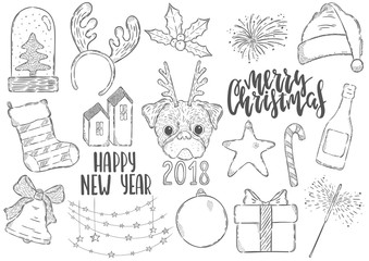 Vector hand drawn illustration. Set of xmas elements for greeting card design. Lettering Merry Christmas and Happy new year.