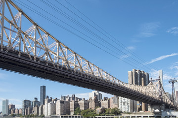 Queensboro bridge and tramway cable against Manhattan skyline , New York