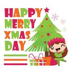 Cute elf girl is happy besides Xmas tree vector cartoon illustration for Christmas card design, wallpaper and greeting card 