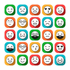 Colored flat icons of emoticons. Smile with a beard, different emotions, moods.