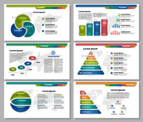 Colorful presentation sheet templates. Bright infographic elements. Circle diagram, pyramid, timeline charts with text samples. Vector illustration.