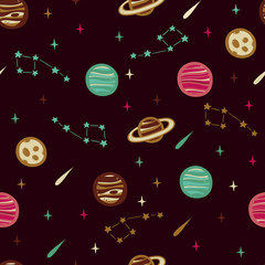 Seamless Space Pattern with Planets, Stars and etc