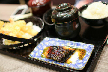 Grill fish with sauce , Saba fish teriyaki sauce japanese food. selective focus and with a very shallow depth of field