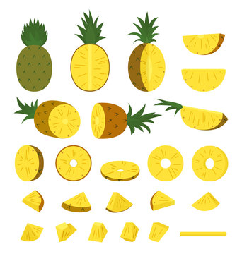 Pineapple collection, Whole and sliced pineapple on white background