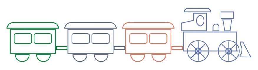 Train set, colored illustration. Locomotive and three different waggons. Vector icon.