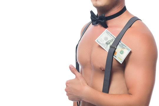 man with a naked torso with money under suspenders for work, isolated on white background