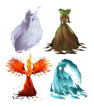 air, earth, fire and water elementals fantasy creatures