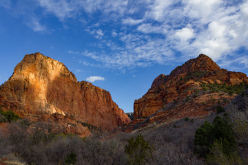 Beautiful sun lit Kolob Canyons, a section of Zion National Park, in the early winter.