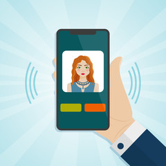 Hand holding smartphone with caller on a screen. Vector illustration.