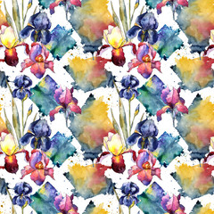 Wildflower colorful iris flower pattern in a watercolor style. Full name of the plant:  iris. Aquarelle wild flower for background, texture, wrapper pattern, frame or border.