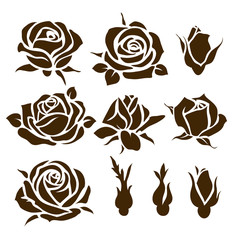Vector set of decorative rose icon. Flower silhouette
