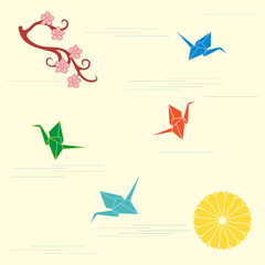 Branch of cherry blossoms, sixteen petal chrysanthemum and origami paper cranes.